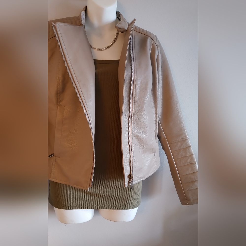 Bernardo taupe or light tan faux leather Moto jacket